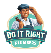 Illustration of a smiling plumber tipping his cap, holding a wrench. The text "Do It Right Plumbers" is displayed below in a banner.