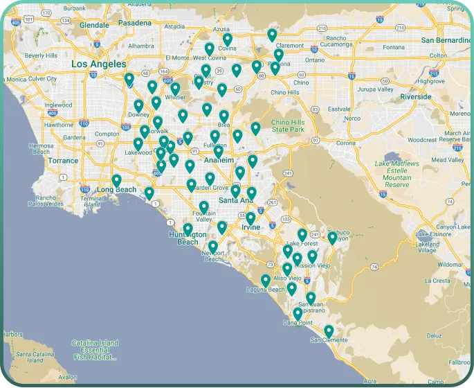 Map of the Los Angeles and Orange County areas showing numerous marked locations spread throughout cities including Los Angeles, Anaheim, Long Beach, and surrounding areas.