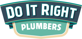 Logo with text "Do It Right Plumbers" in bold, stylized font on a layered background of navy and teal shapes.