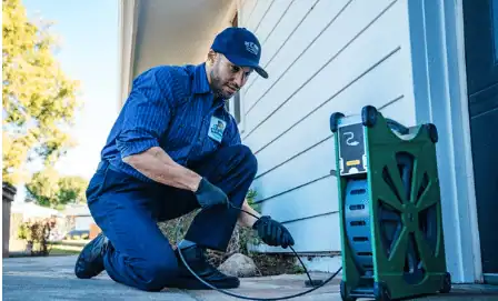 A worker in uniform kneels outside a house, using a tool connected to a green hose reel near the exterior wall.