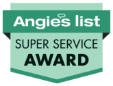Angie's List Super Service Award badge with green and black text on a shield-shaped background, recognizing companies that Do It Right.