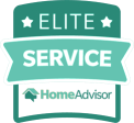 Green and white badge displaying "Elite Service" with the HomeAdvisor logo at the bottom, showcasing a Do It Right commitment to quality.