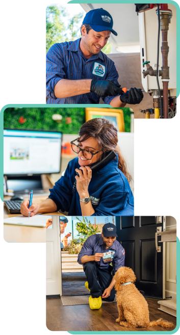 A technician repairing a pipe, a woman on the phone taking notes about a maintenance plan at her desk, and a technician greeting a dog at a home's entrance.